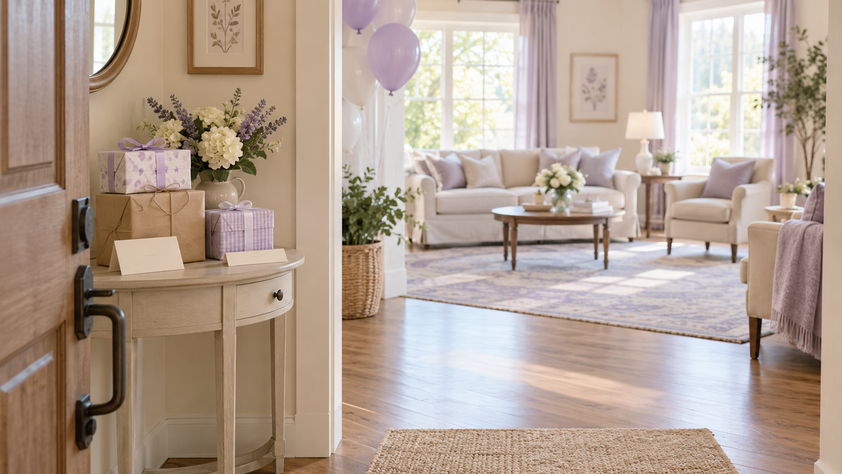 Wrapped gifts on a side table beside an open route into a pastel party room.