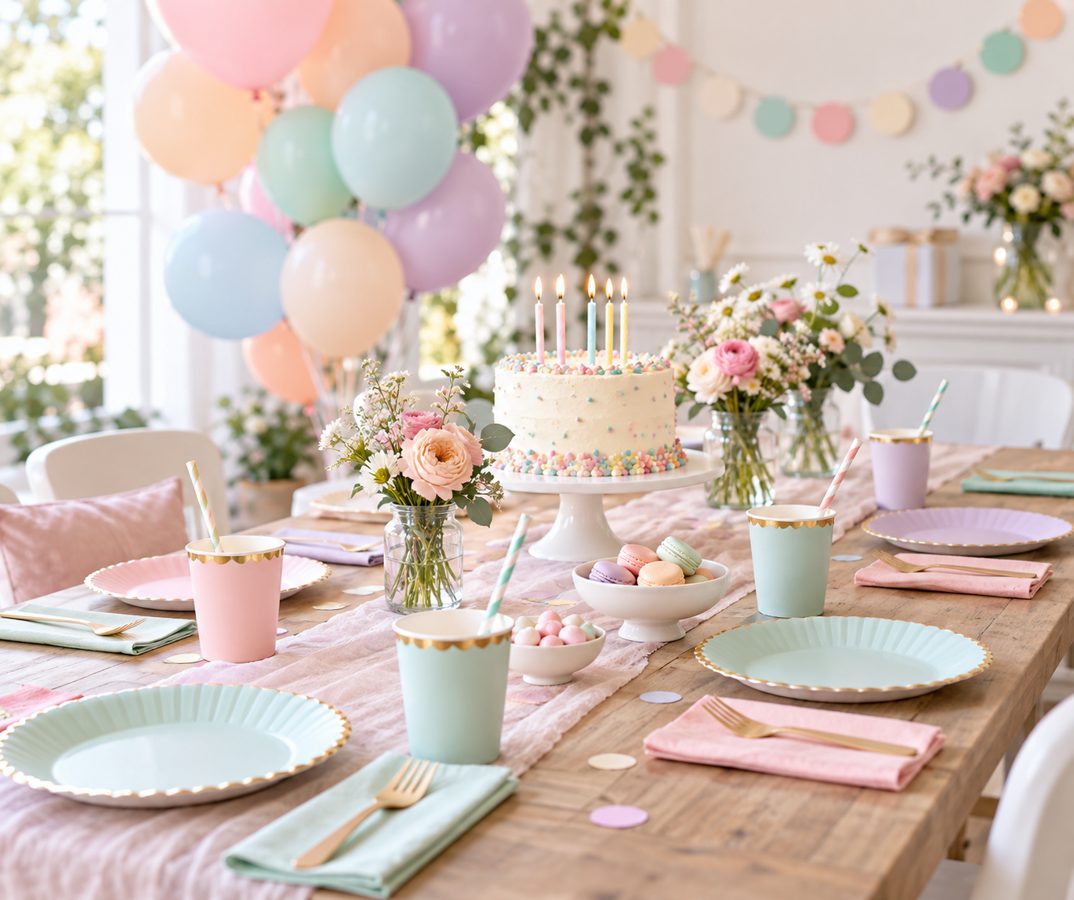 A party table with balloons and simple celebration decorations