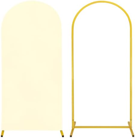 Metal Arch Stand and Cover Set,1 Ivory Spandex Fitted Backdrop with 1 Gold Wedding Arched Stand Frame for Parties Birthday Baby Shower Bridal Banquet Decoration (6FT) by HAISIWLKJ