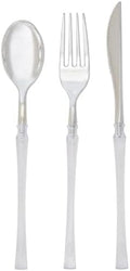 Luxe Party 128 Pieces Two Tone Plastic Disposable Cutlery | Forks-Spoons-Knives | Full Size | Neo Classic | Clear and Silver by LuxeParty