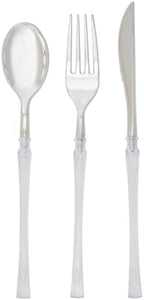 Luxe Party 128 Pieces Two Tone Plastic Disposable Cutlery | Forks-Spoons-Knives | Full Size | Neo Classic | Clear and Silver by LuxeParty