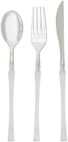 Luxe Party 128 Pieces Two Tone Plastic Disposable Cutlery | Forks-Spoons-Knives | Full Size | Neo Classic | Clear and Silver by LuxeParty