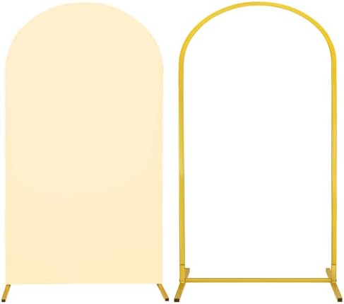 Metal Arch Stand and Cover Set,1 Beige Spandex Fitted Backdrop with 1 Gold Wedding Arched Stand Frame for Parties Birthday Baby Shower Bridal Banquet Decoration (7.2FT) by HAISIWLKJ