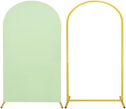 Metal Arch Stand and Cover Set,1 Sage Green Spandex Fitted Backdrop with 1 Gold Wedding Arched Stand Frame for Parties Birthday Baby Shower Bridal Banquet Decoration (7.2FT) by HAISIWLKJ