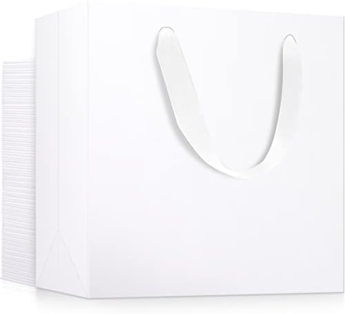 EUSOAR Large Gift Wrap Bags in Bulk, 50 Pack 12.5x4.5x11 inches White Paper Bags with Handles, Heavy Duty Totes for Wedding, Grocery, Boutique, Retail, Business, Party Favors, Baby Showers, Birthdays by EUSOAR