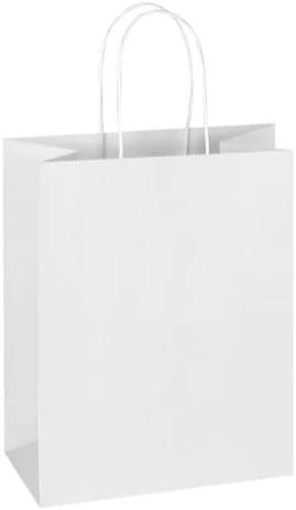 Mlyta 100 Pack 8x4.75x10 Inch Medium White Kraft Paper Gift Bags with Handles Bulk for Goodie, Party Favor Brithday Grocery Shopping Business Wedding Retail Craft Treat To Go Return, Merchandise Sacks by Mlyta