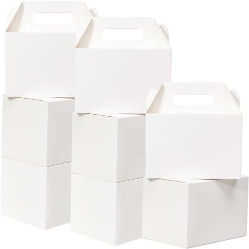 Shallive 28 Pack Large Treat Boxes White - 9 x 6 x 6 inches Gable Gift Boxes with Handle Cardboard Lunch Boxes Recycled Paper Take Out Boxes Welcome Boxes For Wedding Baby Shower Birthday by SHALLIVE
