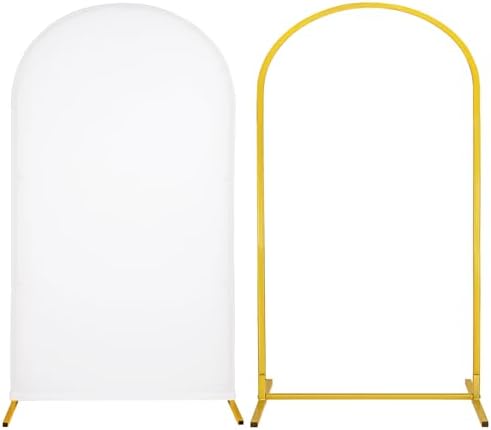 Metal Arch Stand and Cover Set,1 White Spandex Fitted Backdrop with 1 Gold Wedding Arched Stand Frame for Parties Birthday Baby Shower Bridal Banquet Decoration (7.2FT) by HAISIWLKJ