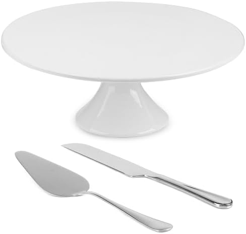 10 Inch White Porcelain Wedding Cake Stand with Knife and Server Set by Unknown