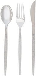 Luxe Party 128 Pieces Two Tone Plastic Disposable Cutlery | Forks-Spoons-Knives | Full Size | Chic Round | Glitter and Silver by LuxeParty