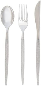 Luxe Party 128 Pieces Two Tone Plastic Disposable Cutlery | Forks-Spoons-Knives | Full Size | Chic Round | Glitter and Silver by LuxeParty