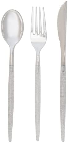 Luxe Party 128 Pieces Two Tone Plastic Disposable Cutlery | Forks-Spoons-Knives | Full Size | Chic Round | Glitter and Silver by LuxeParty