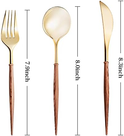 Lullaby 120PCS High End Gold Plastic Silverware with Wood Grain Handle - Image 2