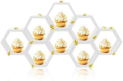 Denylo pro 8 Pcs 4.13 Inch White Cupcake Stand Hexagon Cake Farmhouse Wood Cupcake Stand with Small Bee for Baby Shower Birthday Party Table Decorations by Denylopro