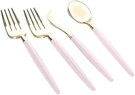 Luxe Party 128 Pieces Two Tone Plastic Disposable Cutlery | Forks-Spoons-Knives | Full Size | Chic Round | Blush and Gold - Image 2