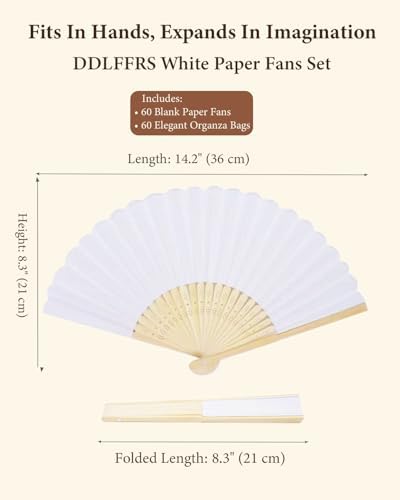 60 Pcs White Paper Hand Fans Foldable with 6 Colors Organza Bag - Image 2