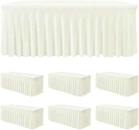 6 Pack Beige Spandex Table Covers 6ft Rectangle Ruffle Skirts for Party by HolidayIdeas