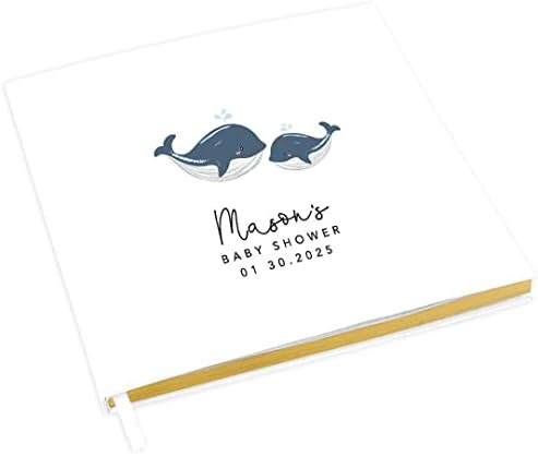 Andaz Press Personalized Baby Shower Guestbook with Gold Accents, Baby Whale Custom Name, Date, White Guest Sign in Registry 120 Pages 8.5 X 8.5 Memories Book for DIY, Scrapbook, Photo Album by AndazPress