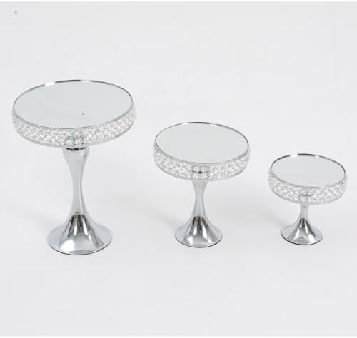 3pcs Round Mirror Cake Stands, Metal Cupcake Display Stand with Crystals, Dessert Pedestal Cupcakes Dessert Cheese Display Plates for Wedding Birthday Party for Baby Shower Home Decor - 15/11/8 Inch Tall (Silver) - Image 5