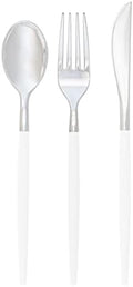Luxe Party 128 Pieces Two Tone Plastic Disposable Cutlery | Forks-Spoons-Knives | Full Size | Chic Round | White and Silver by LuxeParty