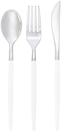 Luxe Party 128 Pieces Two Tone Plastic Disposable Cutlery | Forks-Spoons-Knives | Full Size | Chic Round | White and Silver by LuxeParty
