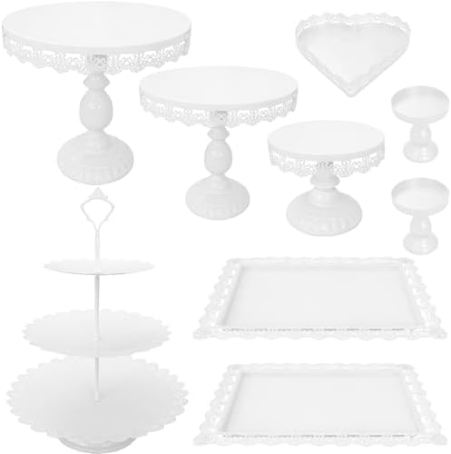 Set of 9 Cake Stands Metal Cupcake Stand Set Multiple Styles Candy Fruit Display Tower Dessert Plate Cake Serving Tray for Birthday Party Wedding Anniversary Baby Shower Engagement (White) by JALANCY