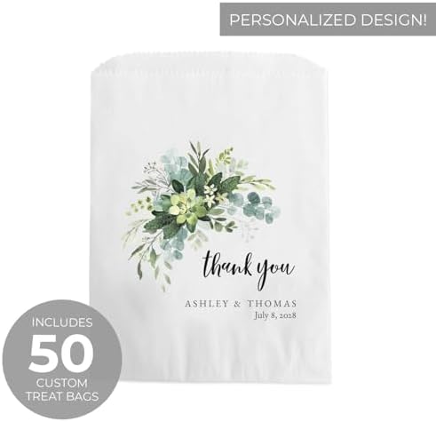Canopy Street Personalized Lush Greenery Thank You Treat Bags / 50 Custom Event Dessert Bags / 5 3/4" x 8" Watercolor Floral Cookie Holder Wedding Anniversary Favor/Made In The USA - Image 2