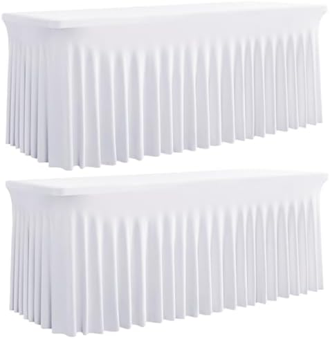 Spandex Tablecloth 8FT Rectangle Table Cover 2 Pack White Wrinkle-Free by Outpain