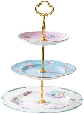 3 Tier Cupcake Stand, Bone China Tiered Tray Stand, Floral Dessert Cake Stand, 3 Tier Serving Tray with Gold Rod and Gold Trim, Porcelain Cupcake Tower Stand for Tea Party Birthday Party by PANAOAHU