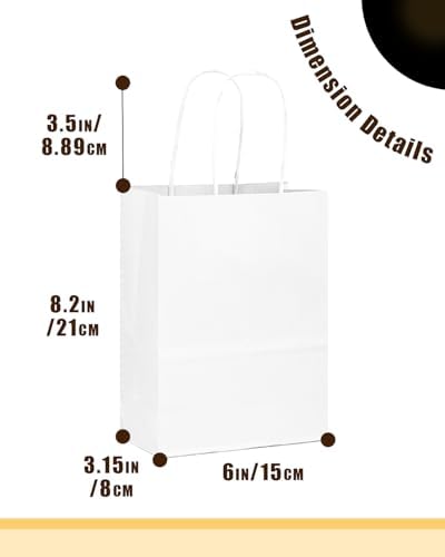 qiqee 200-Packs White Paper Gift Bags with Handles Bulk 8.3"x6"x3.15" Small Size Paper Bags Multiple Uses - Image 4
