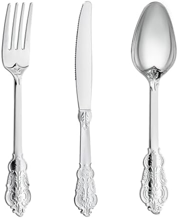 N9R 300PCS Silver Plastic Silverware, Vintage Disposable Utensils & Cutlery by N9RTABLEWARE
