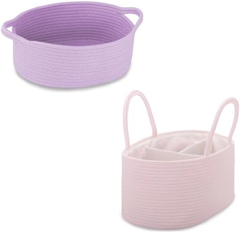 COMSE Small Woven Basket with Gift Bag and Ribbons, Gift Basket Empty, and Large Diaper Caddy Organizer for Girl Boy, Car Diaper Caddy with Handles by COMSE