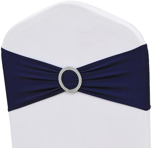 50 Pack Spandex Navy Blue Chair Sashes for Wedding Stretch Chair Bands with Buckles Universal Elastic Chair Ties Bows for Party Folding Chairs Celebration Ceremony Events Decorations by ZSJFMF