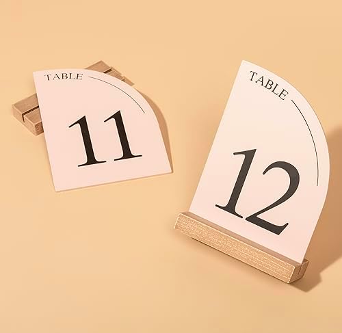 Hanna Roberts Minimal Curved Wooden Table Number Sign with Wooden Base | For Wedding Reception, Restaurants, Rehearsal Dinner, Events and Party (Set of 10, 1-10) (Set of 10, 11-20, Pink) - Image 4