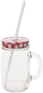 Sunshine Mason Co. Glass Mason Jar Drinking Mug set with handle, Red Gingham lids and White Straws, Set of 6 - Image 2