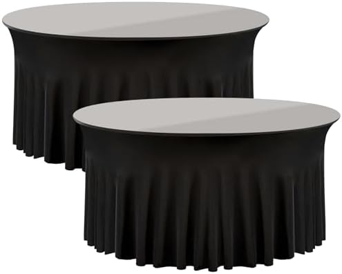 2 Pack Black Round Spandex Tablecloth 60 Inch, Wrinkle Free Stretch 120 Inch Fitted 5ft Black Table Cloths Round Table Covers with Ruffle Skirt for Graduation Wedding Party Banquet by Nobed+HHT