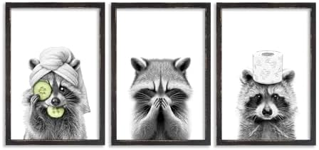 flowtorely Raccoon Bathroom Wall Art Decor Set of 3 16x11 Inch Black by flowtorely
