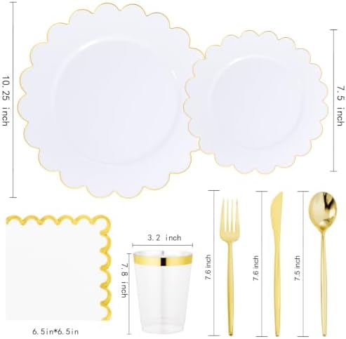 LIYH 210 Pcs Gold Scalloped Plastic Dinnerware Set 30 Guests - White Gold - Image 2