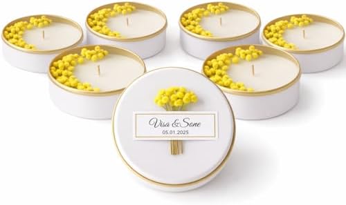 Personalized Natural Soy Wax Wedding Favor Candle Gift Set for Guest - Fall Winter Christmas Custom Dried Flower Bridal Baby Shower Gifts in Bulk (Yellow Flower, 80 Pieces) by MoreAndMoreFavors