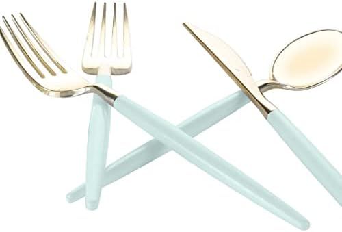 Luxe Party 128 Pieces Two Tone Plastic Disposable Cutlery | Forks-Spoons-Knives | Full Size | Chic Round | Mint and Gold - Image 4