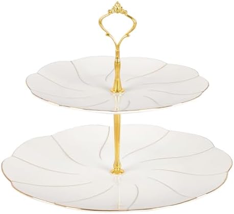 DUJUST Luxury Larger 2-Tier Cupcake Stand Tower, British Style Porcelain Serving Tray with Golden Trim, Food Grade Dessert Display Stand for Tea Party & Home Décor - 40% Larger Plates by DUJUST