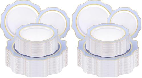 WDF 100PCS Blue Plastic Plates - Light Blue Plates Disposable - Heavy Duty Scalloped Plastic Plate for Parties/Wedding/Baby Shower (Pack of 2) by WDF