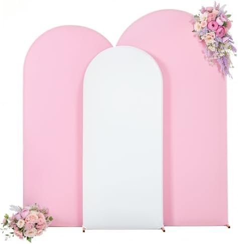 White and Pink Arch Cover 3 Set-7.2FT, 6.6FT, 6FT Arch Backdrop Cover Spandex Fitted 2-Color Fabric Stand Covers for Baby Shower Gilrs Birthday Party Ceremony Banquet Photo Background Decorations by Suppromo