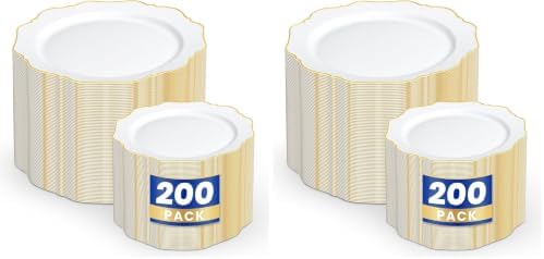 WDF 200PCS White and Gold Plastic Plates - Gold Plastic Plates - Include 100 Dinner & 100 Dessert Disposable Party Plate - Fancy Disposable Plate for Wedding/Baby Shower/Spring (Pack of 2) by WDF