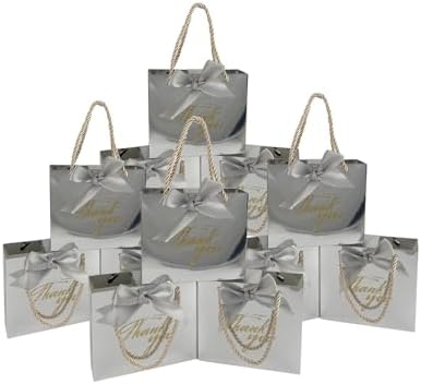 TKSBAG 50 Pack Small Thank You Gift Bags with Handles, 5.5''x 2.3''x4.7'' Mini Silver Gift Bags Bulk for Baby Shower, Birthday, Wedding, Party Favors, Mother's Day by TKSBAG