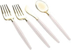 Luxe Party 128 Pieces Two Tone Plastic Disposable Cutlery | Forks-Spoons-Knives | Full Size | Chic Round | Linen and Gold - Image 2