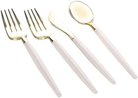 Luxe Party 128 Pieces Two Tone Plastic Disposable Cutlery | Forks-Spoons-Knives | Full Size | Chic Round | Linen and Gold - Image 2