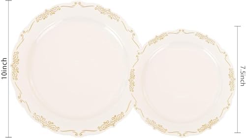 U-QE 100 PCS Ivory Plastic Plates with Gold Rim - Image 2