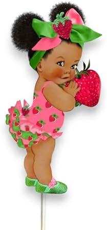 Strawberry Theme Baby Shower/Birthday Centerpieces, 10 inches, Cardstock Paper, Double Sided, Lollipop Stick Attached (5, African American) by ArtPaperWonders