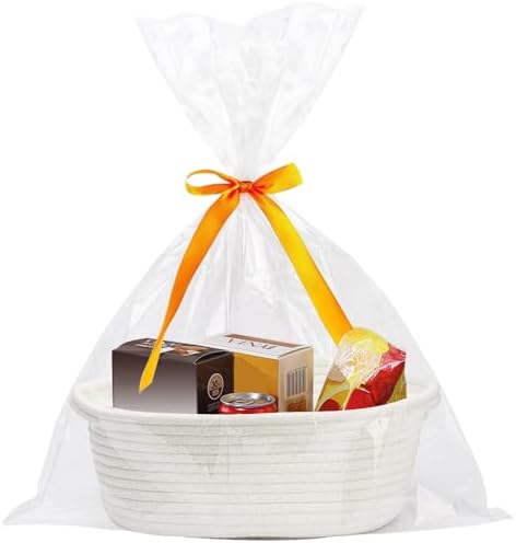 5 Pack Small Woven Cotton Rope Storage Basket with Gifts Bag and Ribbons, Natural Decorative Organizer Bin with Handles for Nursery, Living Room, Closet, Shelf, White Twisted Handle - Image 2